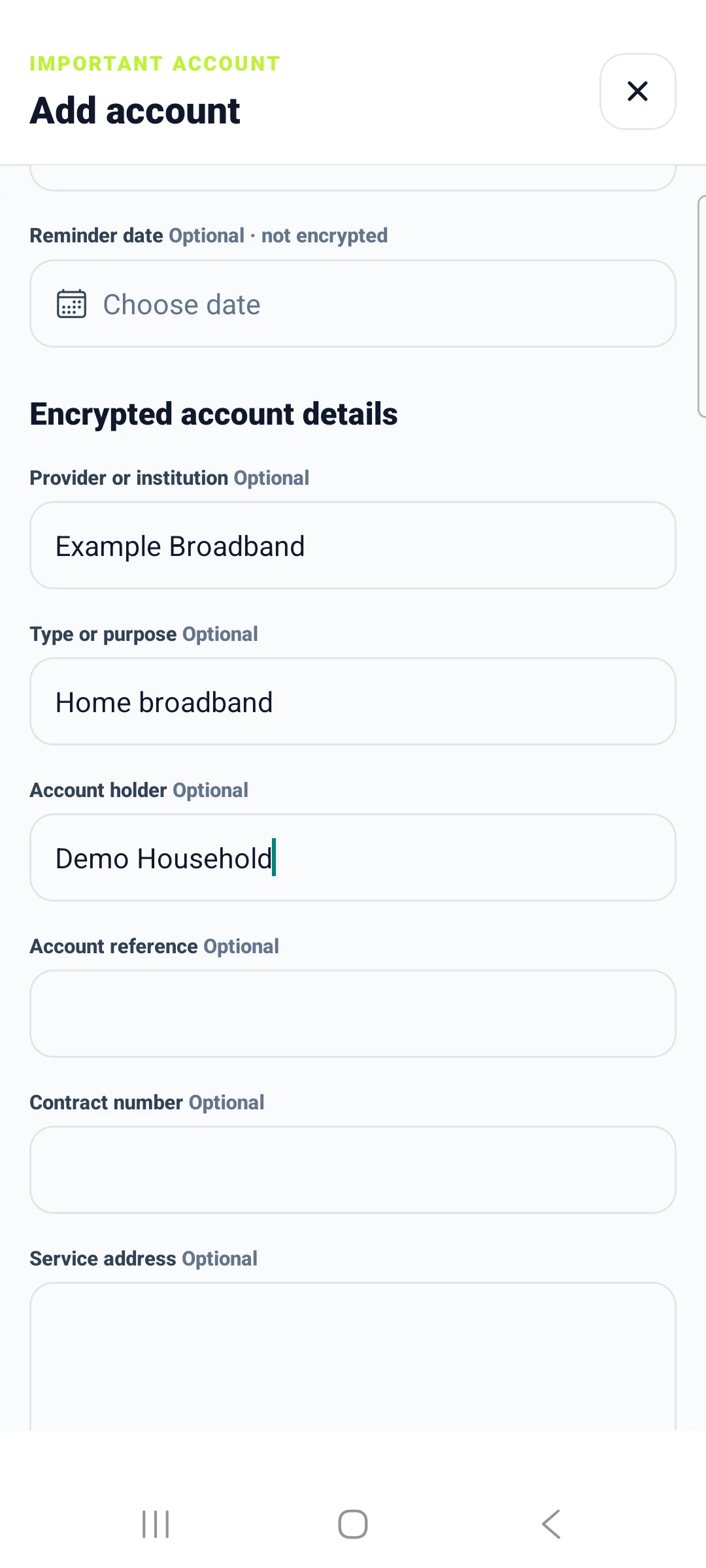 Accounts and subscriptions — actual Android form with unsaved fictional demo details