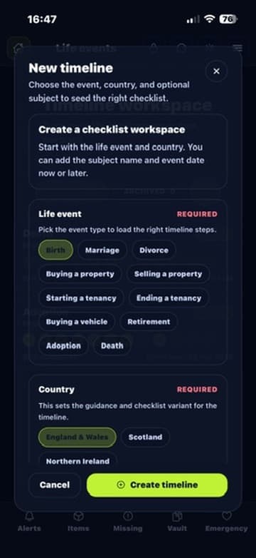Create a new life event timeline screen