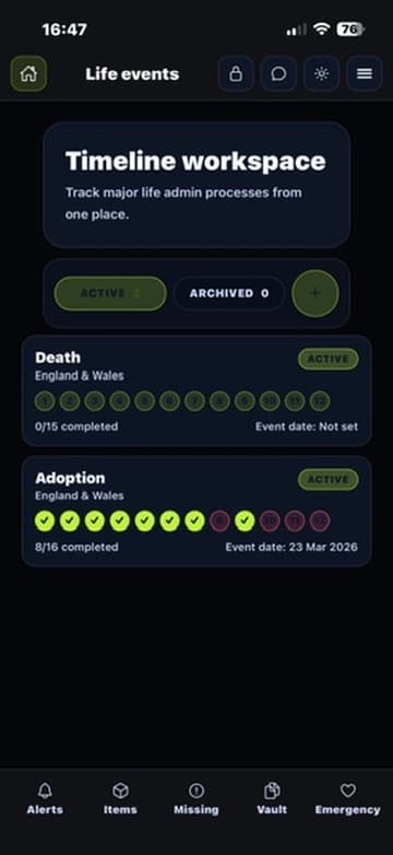 Life events timeline workspace screen
