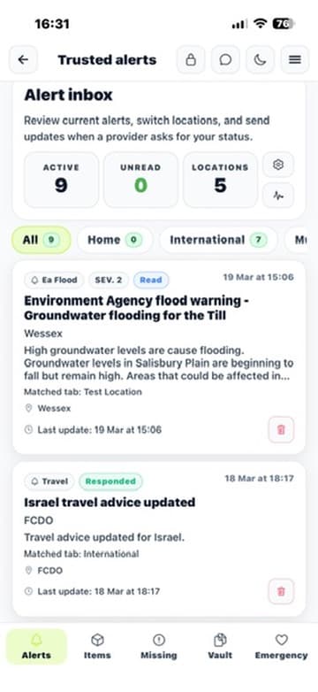Trusted alerts inbox screen