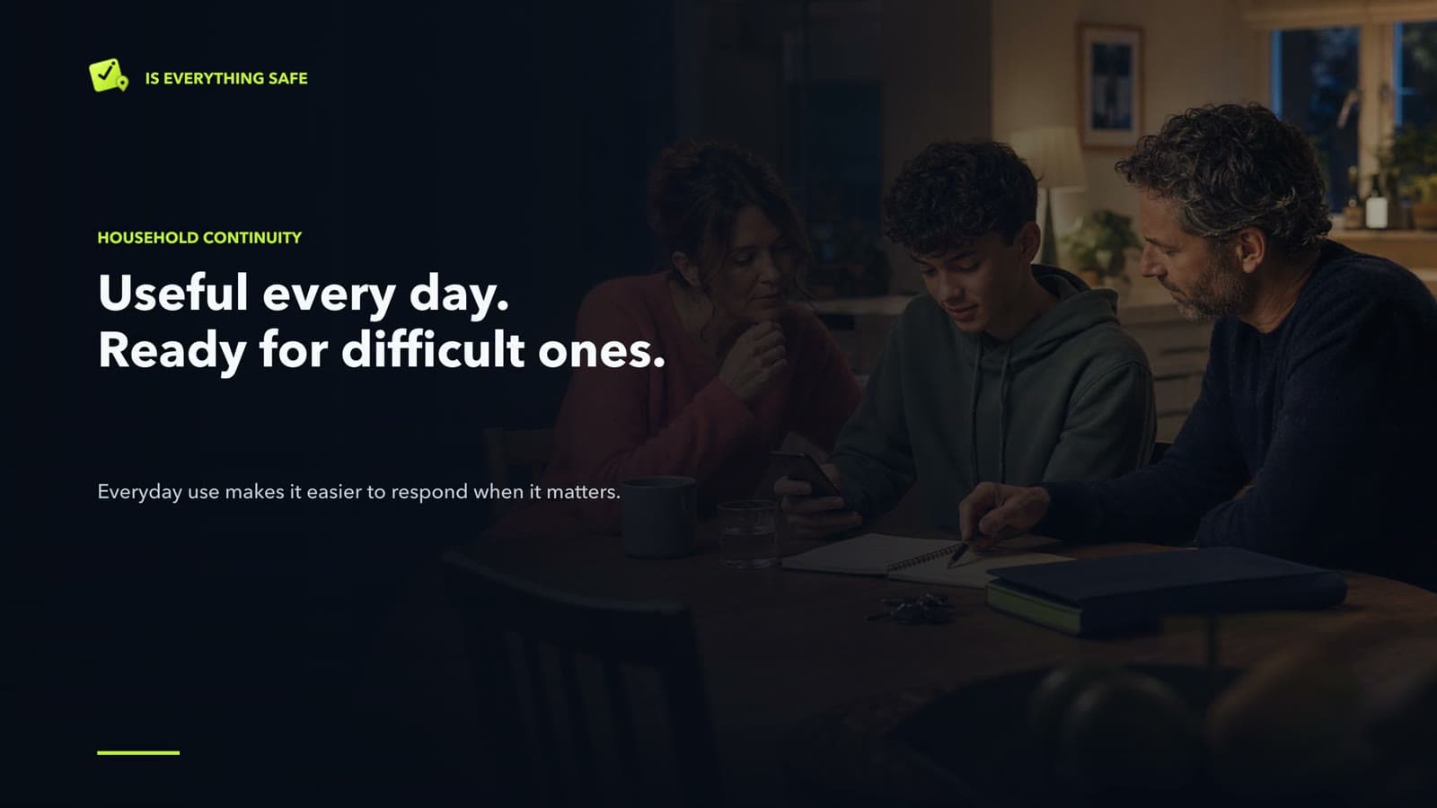 A household gathered around a table with the words Useful every day. Ready for difficult ones.